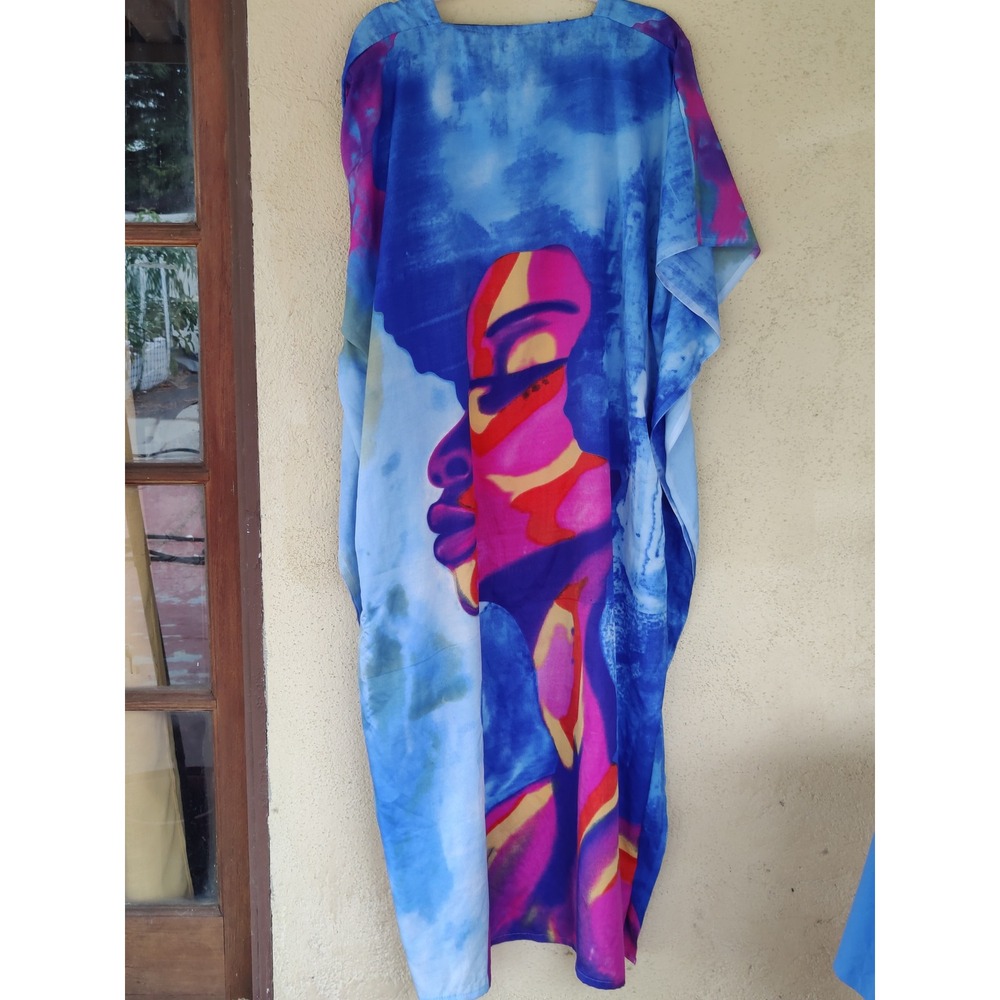 Ace Fashion Graphic Face Kimono Maxi Dress Vibrant Resort Wear Caftan OS Blue - Picture 3 of 4